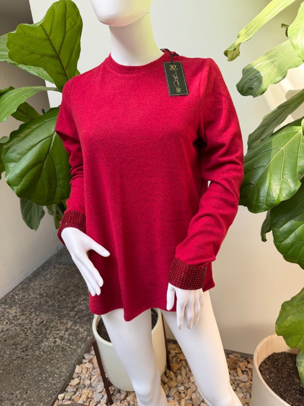 NWT DG2 Diane Gilman Sparkling Rhinestone Cuff Brushed Knit Top Red